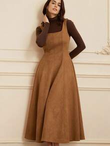 GENKIRA Suede Fabric Sleeveless Elegant Fitted Waist Dress With Flared Skirt - Khaki - View 5
