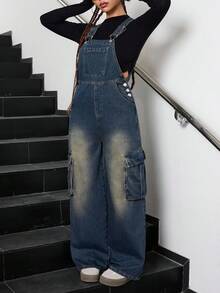 SHEIN 少女复古蓝色牛仔宽松背带裤 - 深色水洗藍 - 查看 3