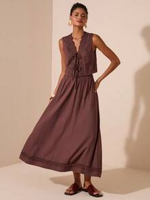 Travachic 2 件套女士纯色梭织无袖背心和宽松腰裙，度假装 - 棕色 - 查看 1