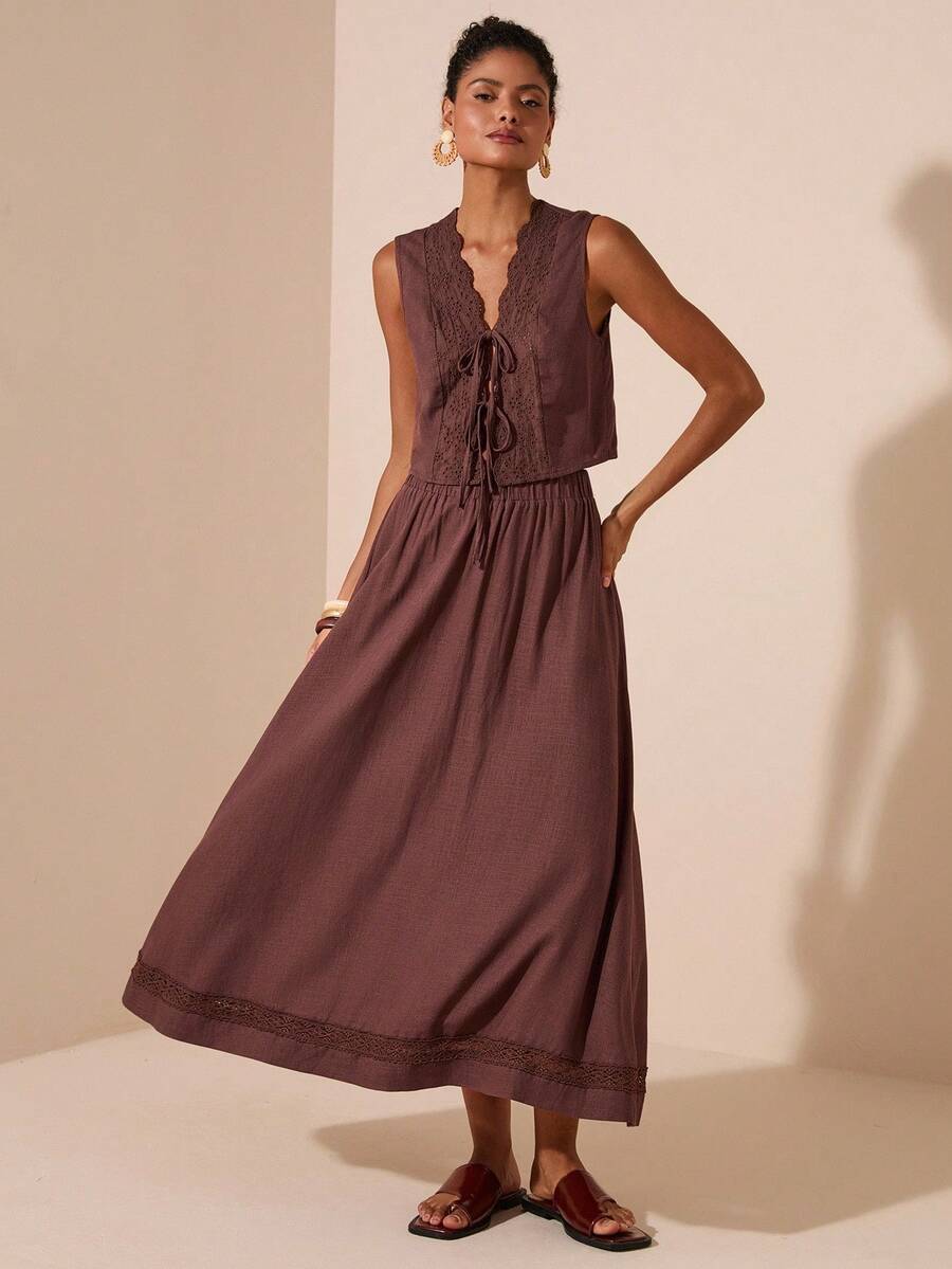 Travachic 2 件套女士纯色梭织无袖背心和宽松腰裙，度假装 - 棕色 - 查看 1