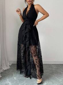 Elenzga Vestido de fiesta elegante, romántico y sexy de encaje para mujer de talla grande, con escote en V, cintura ceñida, fluido, vestido largo de gasa, adecuado para primavera, otoño e invierno - Negro - Ver 5