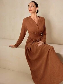 Graceveil 秋季棕色针织纹理面料腰带设计褶饰优雅长款毕业礼服 - 棕色 - 查看 7