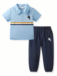 SHEIN 2件套男童条纹短袖Polo衫和短裤休闲装 - 淺藍色 - 查看 3
