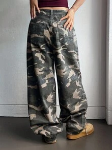 DAZY 女士休闲迷彩宽松长牛仔裤 - 綠色 - 查看 2