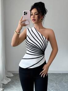 Elenzga 女装夏季新款斜肩条纹印花针织上衣 - 黑與白 - 查看 6