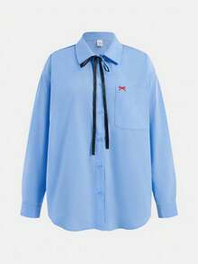 SHEIN Loose Casual Comfortable Butterfly Embroidered Collar Long Sleeve Shirt, Suitable For School Back To School Season, Teen Girls Fall Winter - Blue - View 6