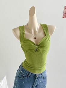 Soleia Women's Solid Color Sweetheart Collar Twist Textured Fabric Fitted Tank Top - Green - View 9