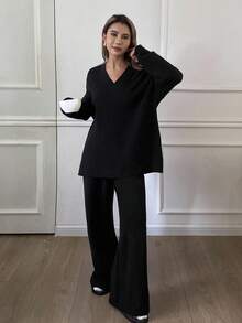 Livesso Women's Casual Business Loose Knit Pullover Sweater And Straight Leg Pants 2 Pieces Set, Minimalist Black, Suitable For Office Wear In Autumn And Winter - Black - View 6