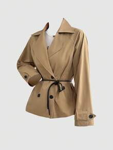 SHEIN Unity 春季新款通勤百搭翻领双排扣休闲宽松收腰修身美式时尚女式风衣 - 卡其色 - 查看 6