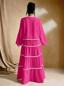 SHEIN Tall 加大码女式编织纹理长袖开衫，搭配系带腰带、撞色荷叶边下摆设计、松紧腰长裙、法式优雅浪漫两件套 - 玫紅色 - 查看 2