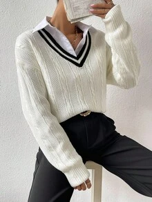 Chiquease 女士休闲宽松 V 领长袖套头衫，百搭日常穿着 - 白色 - 查看 4