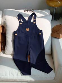 男童休闲舒适百搭可爱熊标志图案背带裤 - 藏蓝色 - 查看 8