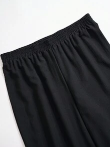 EMERY ROSE Plus Notched Neck Roll Tab Sleeve Top & Wide Leg Pants - Black - View 9