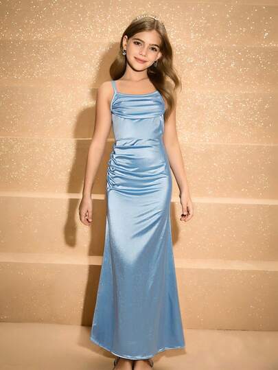 女孩优雅时尚女士无袖高腰长款修身纯色缎面面料高端连衣裙，适合毕业舞会、生日派对、圣诞节、万圣节派对