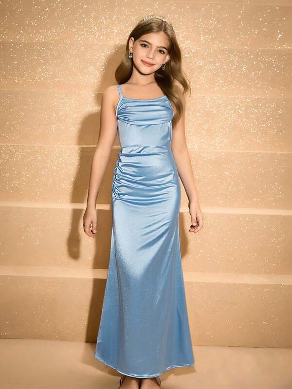 女孩优雅时尚女士无袖高腰长款修身纯色缎面面料高端连衣裙，适合毕业舞会、生日派对、圣诞节、万圣节派对