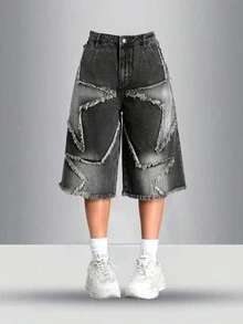 SHEIN 少女 Y2K 星星印花牛仔卡普里男友低腰牛仔短裤，休闲时尚，适合日常穿着、校园穿着、街头服饰、春夏穿着