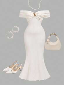 SHEIN MOD Christmas Plus Size Off Shoulder Metal Button Decor Criss-Cross Waist Jacquard Knit Apricot Top,Plus Size Off Shoulder Metal Button Decorated Cross Design Waist Jacquard Dress, Birthday Suit For Women, Casual Dress For Women, Summer Dress For Women, Honeymoon Dress For Women, Graduation Dress, Wedding Reception Dress For Women, Resort Wear For Women, Flowing Dress, Party Dress, Boho Dress For Women, Elegant Dress