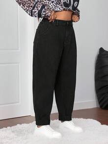 SHEIN CURVE+ 女式黑色秋冬弹力保暖内衬锥形加大码牛仔裤，适合所有女士服装，万圣节服装，乡村风格女士装，时尚秋季 - 黑色 - 查看 6