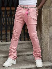 ROMWE MEN Street Life 男士休闲水洗修身水钻装饰牛仔裤 - 粉色 - 查看 1