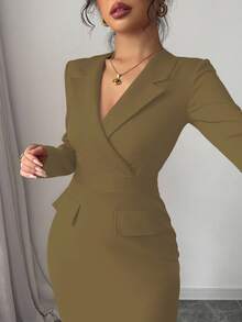 Elenzga New Women's Holiday Mid-Length Dress, Blazer Collar Long Sleeve Asymmetric Fishtail Hem Waist-Cinched Dress, Versatile For Daily Wear, Dates, Parties, Outings Fall Cloth For Women - Khaki - View 8