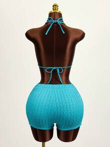 SHEIN Swim 女性夏季假日海灘純色騎士頸比基尼套裝 - 藍色 - 查看 7