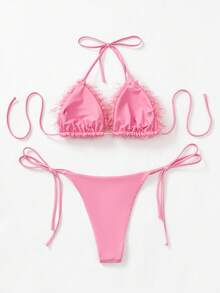Summer Beach Fuzzy Bikini Set Triangle Bra & Thong Bottom 2 Piece Rave Bathing Suit - Pink - View 6
