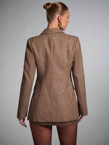 SHEIN BAE 女式纯色常规肩长袖前扣翻领百搭西装外套，女式西装外套，棕色西装外套女式，人字纹粗花呢西装外套，秋冬 - 棕色 - 查看 2