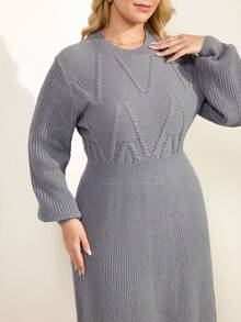 Momelise 全新女式法式圆领束腰优雅麻花针织长袖连衣裙 - 灰色 - 查看 6