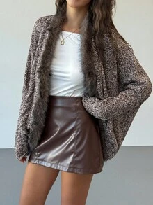 Aloruh Women's Casual Bat Wing Sleeve Patchwork Furry Trim Open Front Jacket, Autumn/Winter - Grey - View 7