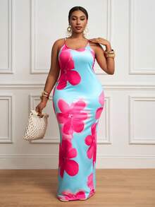 Slaydiva 大码女式无袖花卉印花修身夏装 - 藍色 - 查看 6