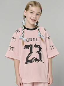 SHEIN Tween Girl 2pcs/Set Contrast Color Letter & Bow Print Short Sleeve T-Shirt And Shorts - Pink - View 2