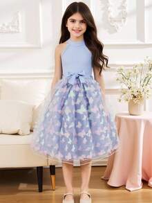 Tween Girl Butterfly Appliques Mesh Hem Halter Dress,Holiday,Summer,Travel - Blue - View 1