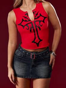 MISSGUIDED Áo tank top không tay thiết kế hình chữ thập, phong cách Gothic Alternative, cổ chữ V khoét sâu, thích hợp mặc đi club, phong cách Rock Metal, lễ hội mùa hè, hòa nhạc, tiệc tùng, phong cách Goth. - Đỏ - Xem 3