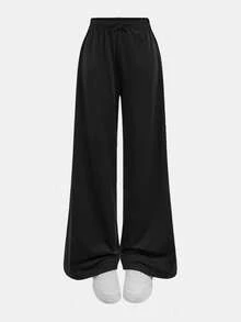 SHEIN 少女春夏纯色黑色立体压花字母图案针织圆领休闲宽松短袖T恤上衣休闲宽松长裤套装,校服,基础款,日常款,适合各种场合,返校,校园风 - 黑色 - 查看 8