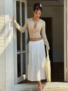 SHEIN Unity 女士花卉镂空休闲单排扣短款开衫，长袖