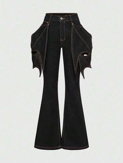 Jeans évasés pour femmes au design d'ailes de chauve-souris de style gothique pour Halloween