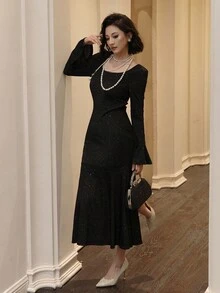 DAZY Women's Elegant Square Collar Fishtail Midi Dress, Autumn Luxury Prom Dress Sparkly Dress - Black - View 4
