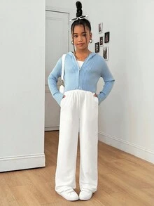 Tween Girl 纯色浅灰色休闲运动针织宽松直筒运动裤，适合日常休闲穿着白色运动裤宽松运动裤女童阔腿运动裤女童运动裤宽松运动裤 - 白色 - 查看 5