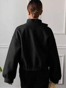 Livesso Plain Collar Pocket Short Women Jacket,Fall Clothes