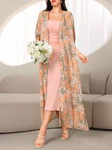 Modelyn Women's Solid Color Halter Neck Casual Summer Dress And Printed Long Cardigan 2pcs/Set 2 Pieces Set - Orange - View 4