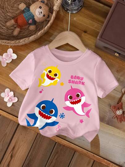 BABY SHARK X SHEIN Baby Girl Cute Shark Print Round Neck Short Sleeve Top, Summer