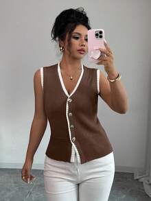 Rafferiza Damen Kontrast-Farben 2-in-1 V-Ausschnitt Lässig Einreiher Strickweste - Kaffeebraun - Übersicht 4
