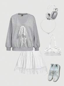 SHEIN MOD Sudadera holgada de manga larga con cuello en V, decoración de encaje y lazo, color gris, para otoño/invierno - Gris - Ver 1