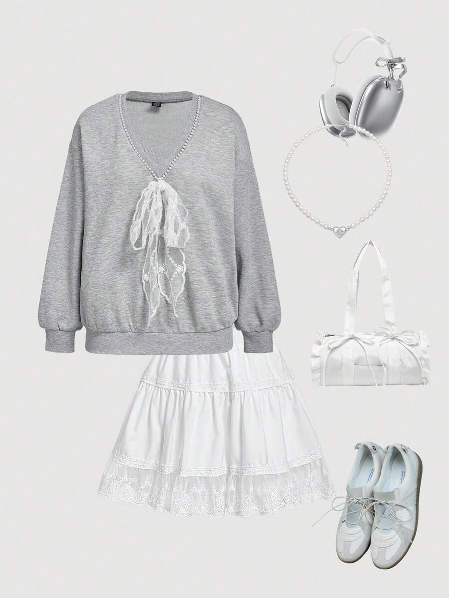 SHEIN MOD Sudadera holgada de manga larga con cuello en V, decoración de encaje y lazo, color gris, para otoño/invierno - Gris - Ver 1