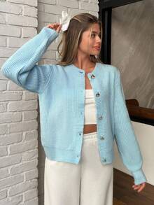 EURMUSE Áo len cardigan nút trái tim sợi mềm màu xanh dành cho nữ - Màu xanh lam - Xem 4