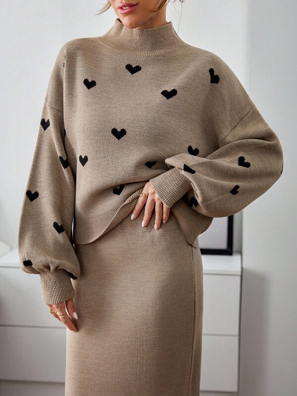 EURMUSE Women Hearth Embroidery Detailed Mock Neck Drop Shoulder Pullover & Sweater Skirt Set