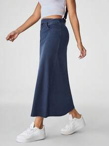 Flexra 女式不对称腰部开衩直筒休闲牛仔裙 - 藍色 - 查看 4