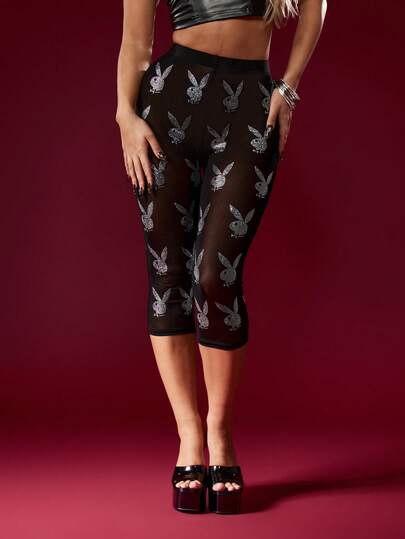 Missguided x Playboy 兔子图案印花网眼七分紧身裤 高腰节日派对夜店装