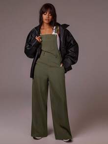Athîral Women's Green Wide-Leg Jumpsuit | Sleeveless Utility Overalls With High-Waist & Straight-Leg Silhouette For Urban Street Style,Utility Jumpsuit,Overalls Fashion ,WideLeg Jumpsuit,Androgynous Style - Army Green - View 3