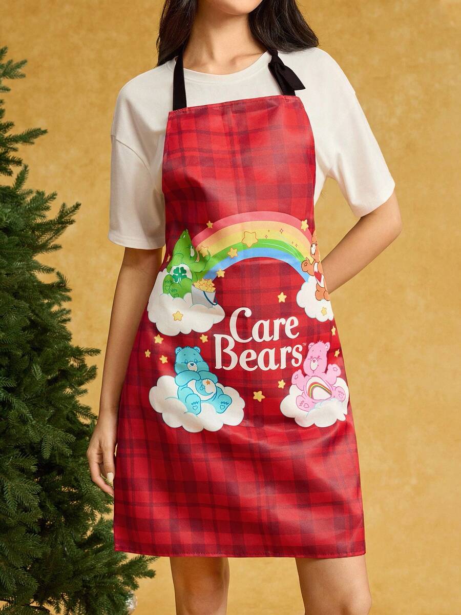 SHEIN X Care Bears 1 pieza Delantal para adultos con estampado de oso y arcoíris, material impermeable y resistente al aceite, cómodo y suave, esencial para la cocina y la repostería, adecuado tanto para hombres como para mujeres, ideas de regalo para Navidad - Burdeos - Ver 1